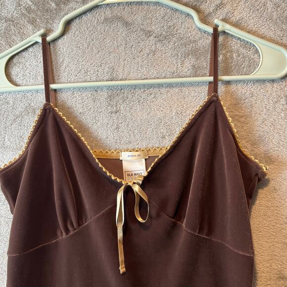 Y2K Velvet Brown Lace Trim Tank Top With Bow Women's Size Small Baby Doll Tank - Picture 5 of 6